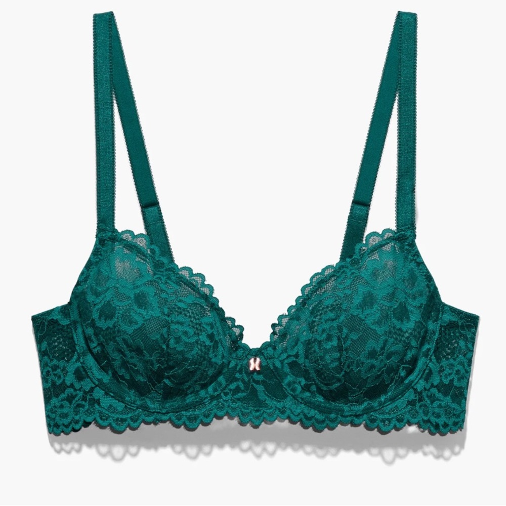 🆕 Savage X Fenty Forest Green Floral Lace Unlined Bra - Size: 34C